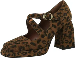 JOEupin Women Chunky High Heel Square Toe Loafer Pumps Platform Mary Jane Cross Strap Buckle Ladies Shoes