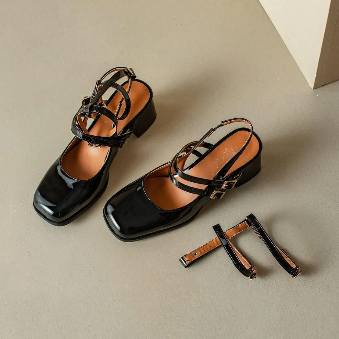 KISSASA Punk Goth Chunky Mary Janes Patent Leather Slingback Square Toe Pumps Metallic Heels
