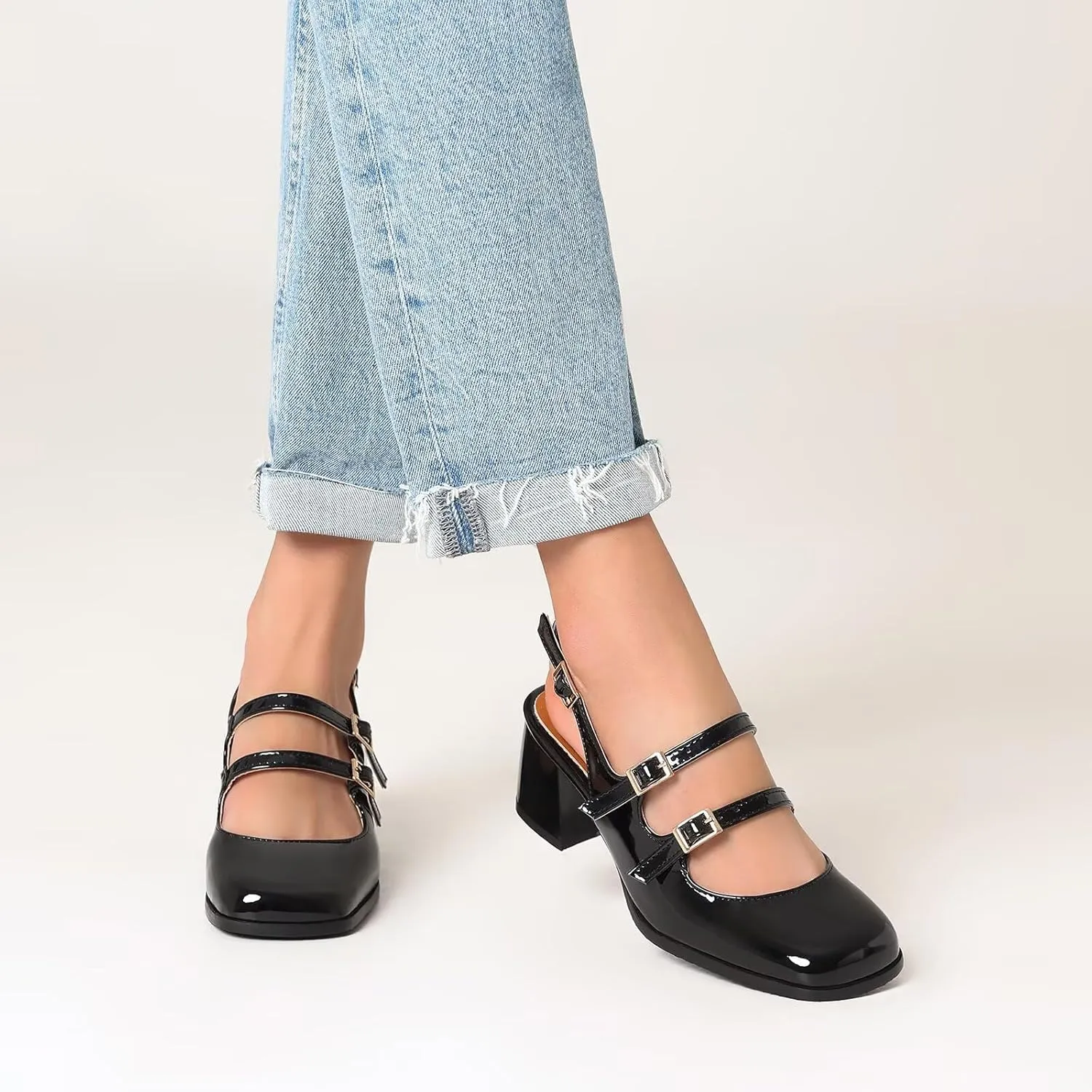 KISSASA Punk Goth Chunky Mary Janes Patent Leather Slingback Square Toe Pumps Metallic Heels