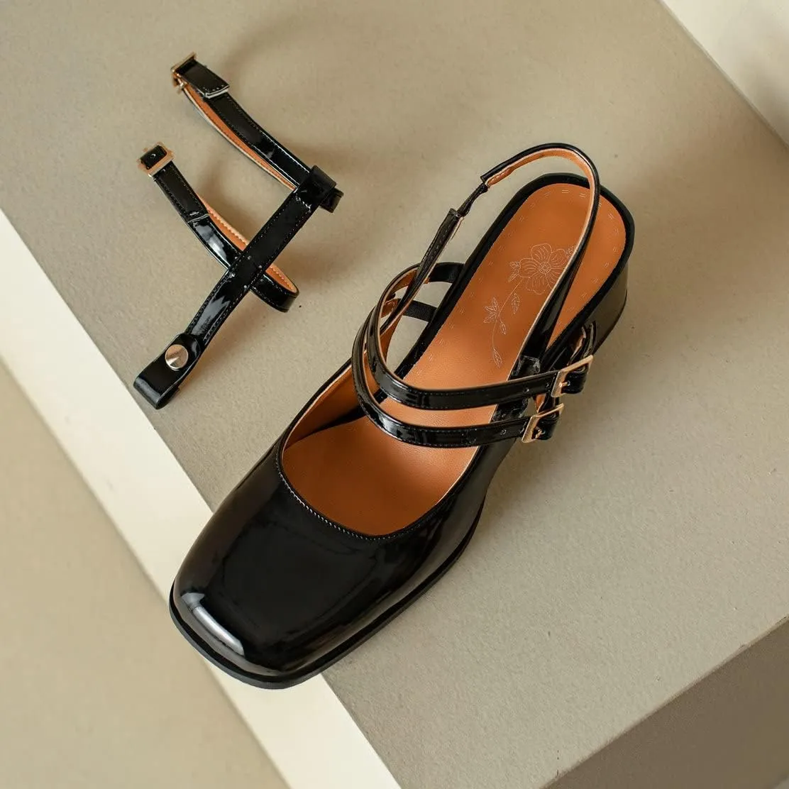 KISSASA Punk Goth Chunky Mary Janes Patent Leather Slingback Square Toe Pumps Metallic Heels