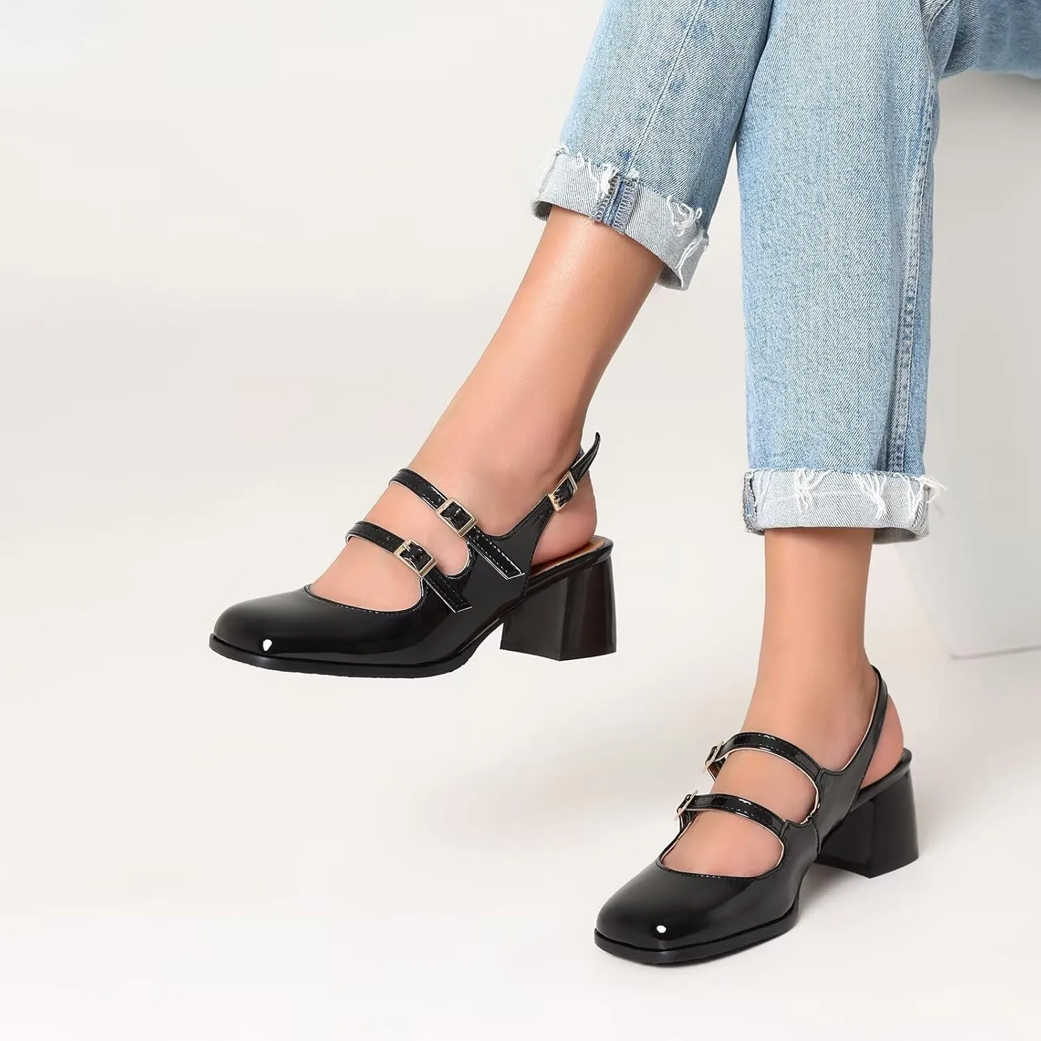 KISSASA Punk Goth Chunky Mary Janes Patent Leather Slingback Square Toe Pumps Metallic Heels