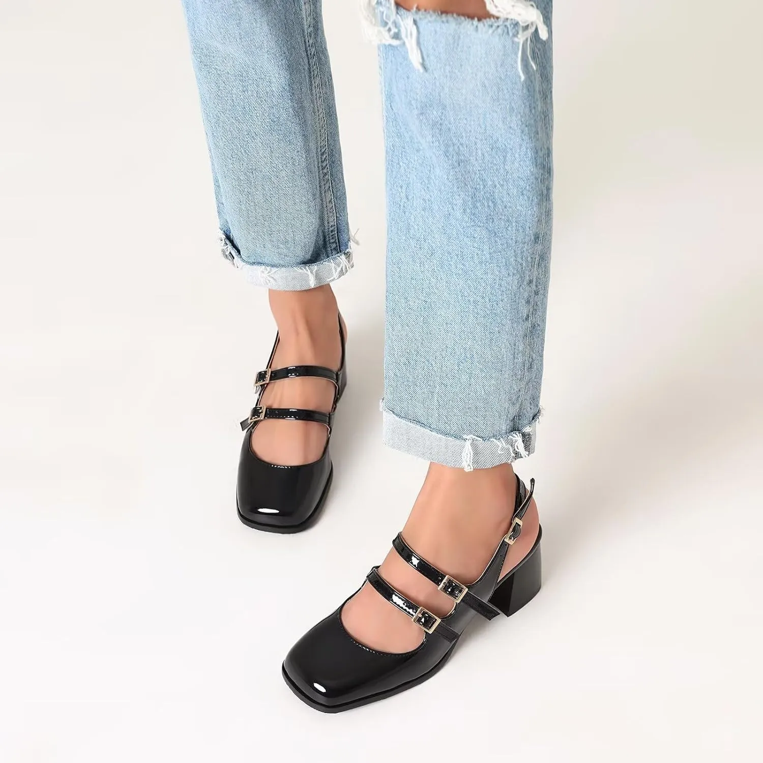 KISSASA Punk Goth Chunky Mary Janes Patent Leather Slingback Square Toe Pumps Metallic Heels