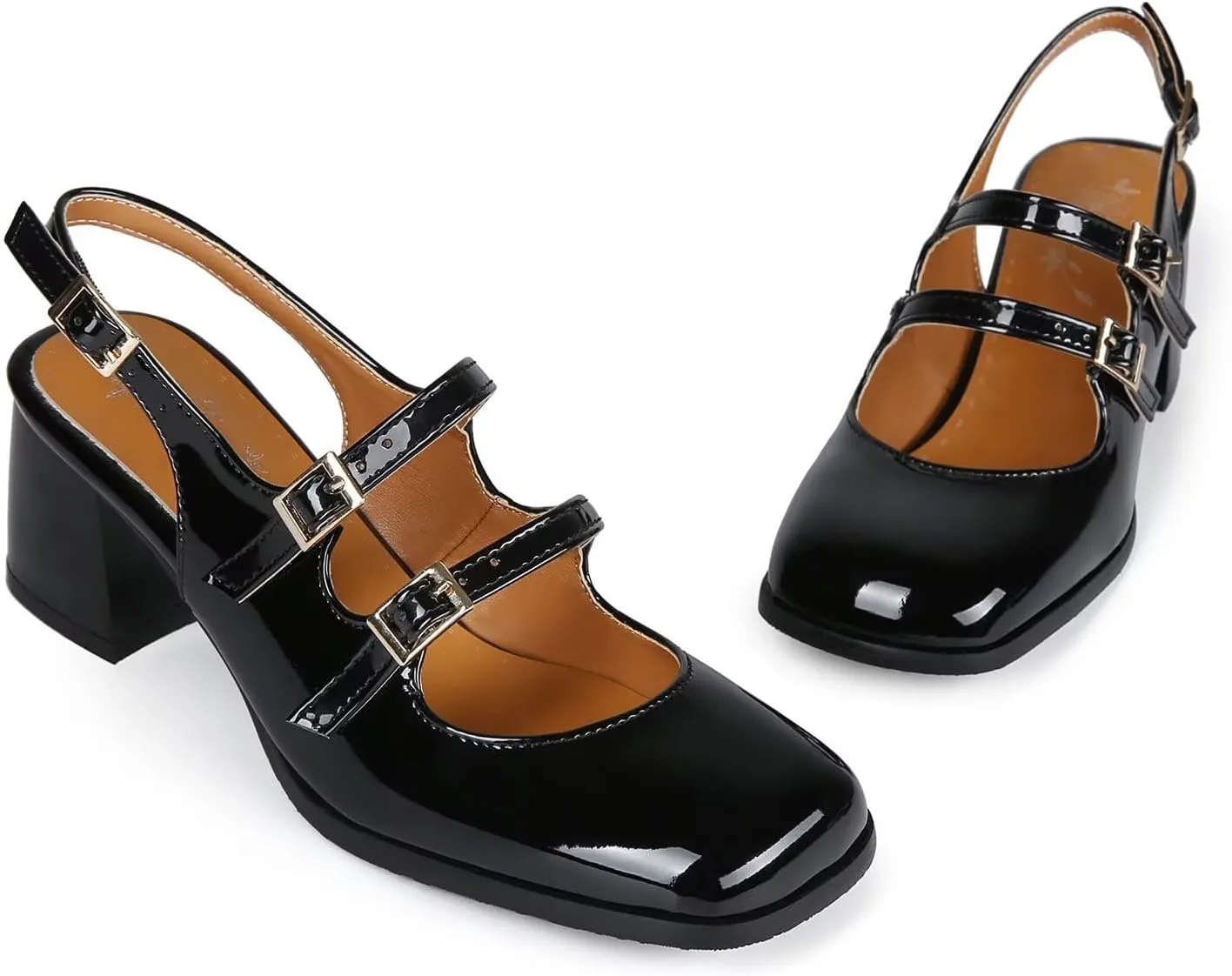 KISSASA Punk Goth Chunky Mary Janes Patent Leather Slingback Square Toe Pumps Metallic Heels