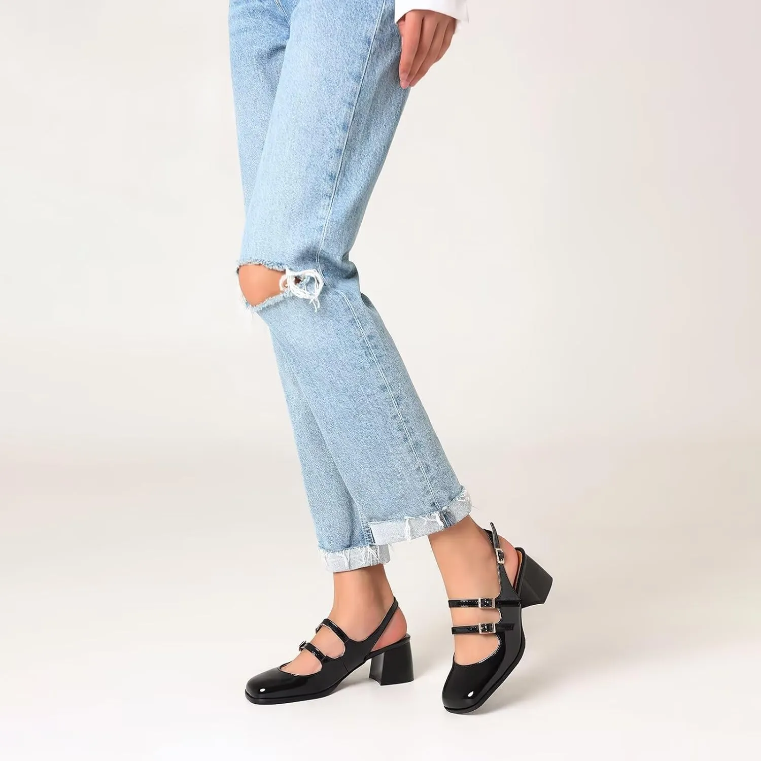 KISSASA Punk Goth Chunky Mary Janes Patent Leather Slingback Square Toe Pumps Metallic Heels