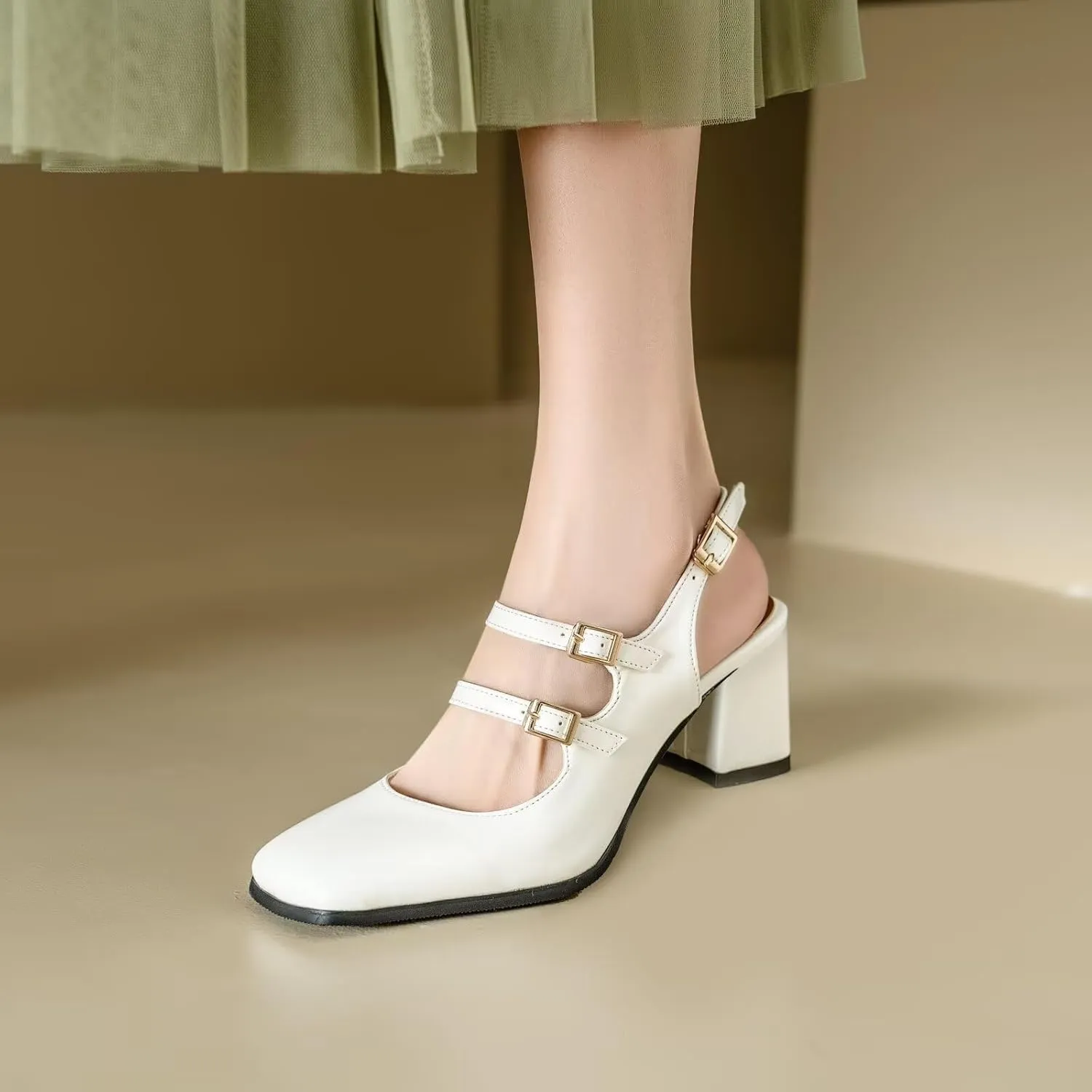 KISSASA Punk Goth Chunky Mary Janes Patent Leather Slingback Square Toe Pumps Metallic Heels