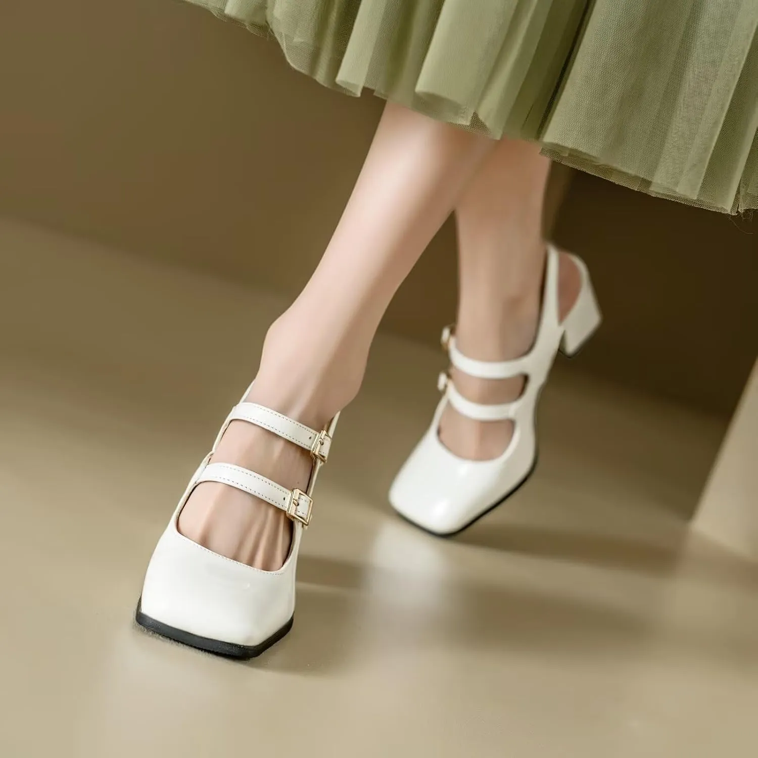 KISSASA Punk Goth Chunky Mary Janes Patent Leather Slingback Square Toe Pumps Metallic Heels