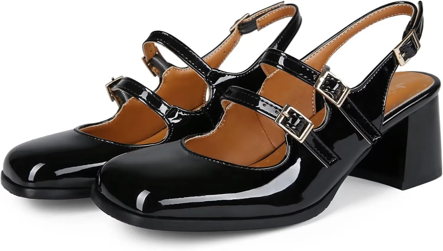 KISSASA Punk Goth Chunky Mary Janes Patent Leather Slingback Square Toe Pumps Metallic Heels