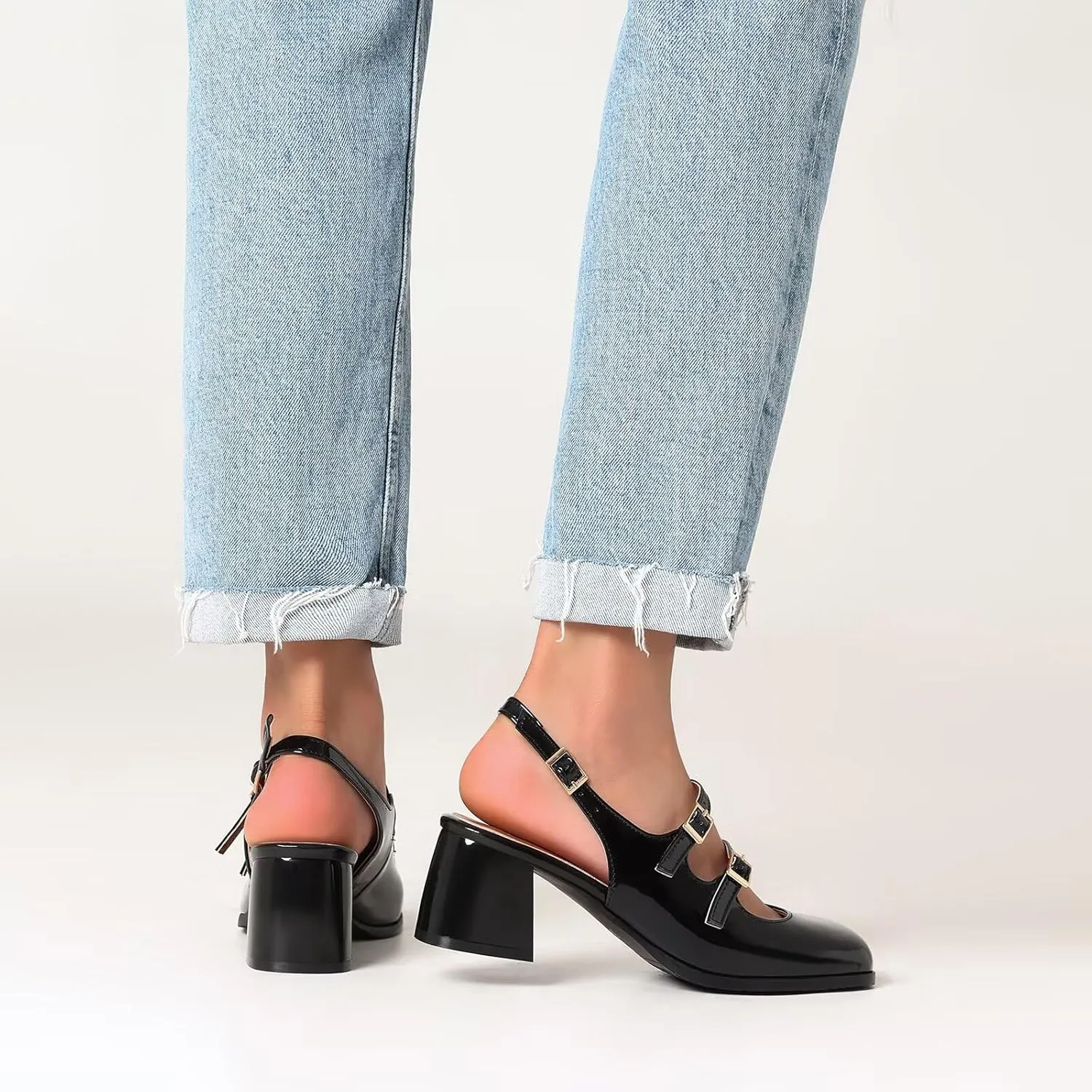 KISSASA Punk Goth Chunky Mary Janes Patent Leather Slingback Square Toe Pumps Metallic Heels