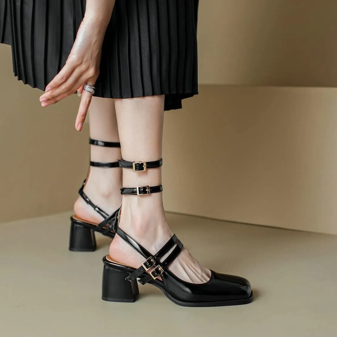 KISSASA Punk Goth Chunky Mary Janes Patent Leather Slingback Square Toe Pumps Metallic Heels