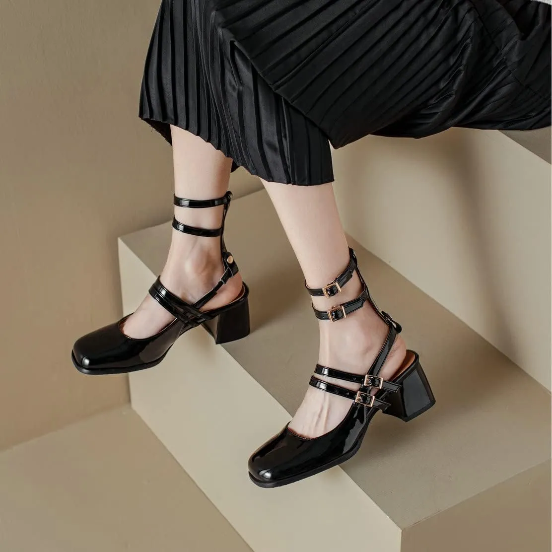 KISSASA Punk Goth Chunky Mary Janes Patent Leather Slingback Square Toe Pumps Metallic Heels