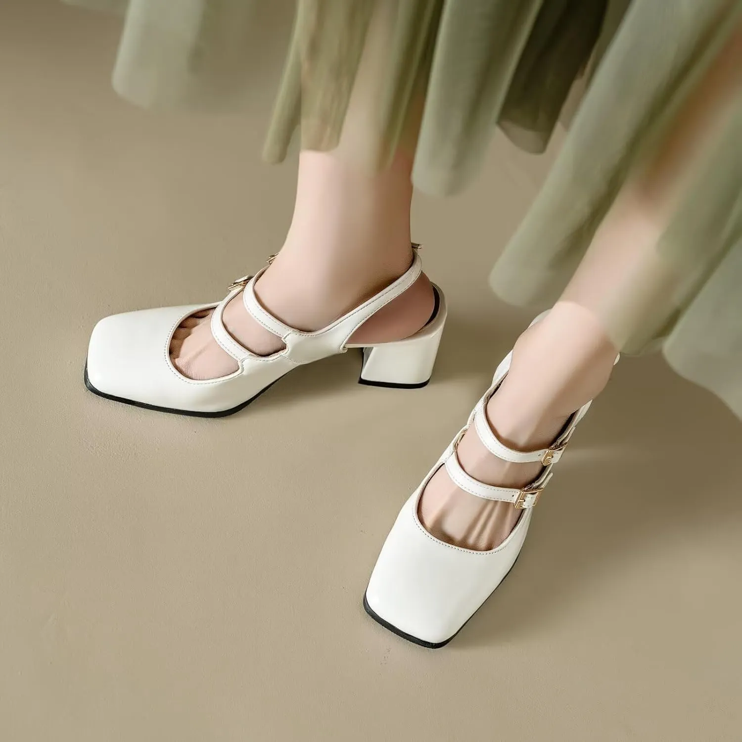 KISSASA Punk Goth Chunky Mary Janes Patent Leather Slingback Square Toe Pumps Metallic Heels