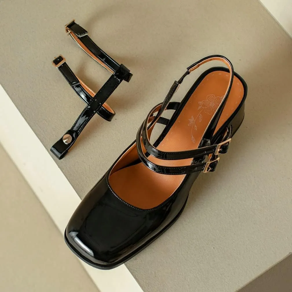 KOKOMOMO Chunky Patent Mary Jane Heels Goth Buckle Dress Shoes Square Toe Block Heel Pumps