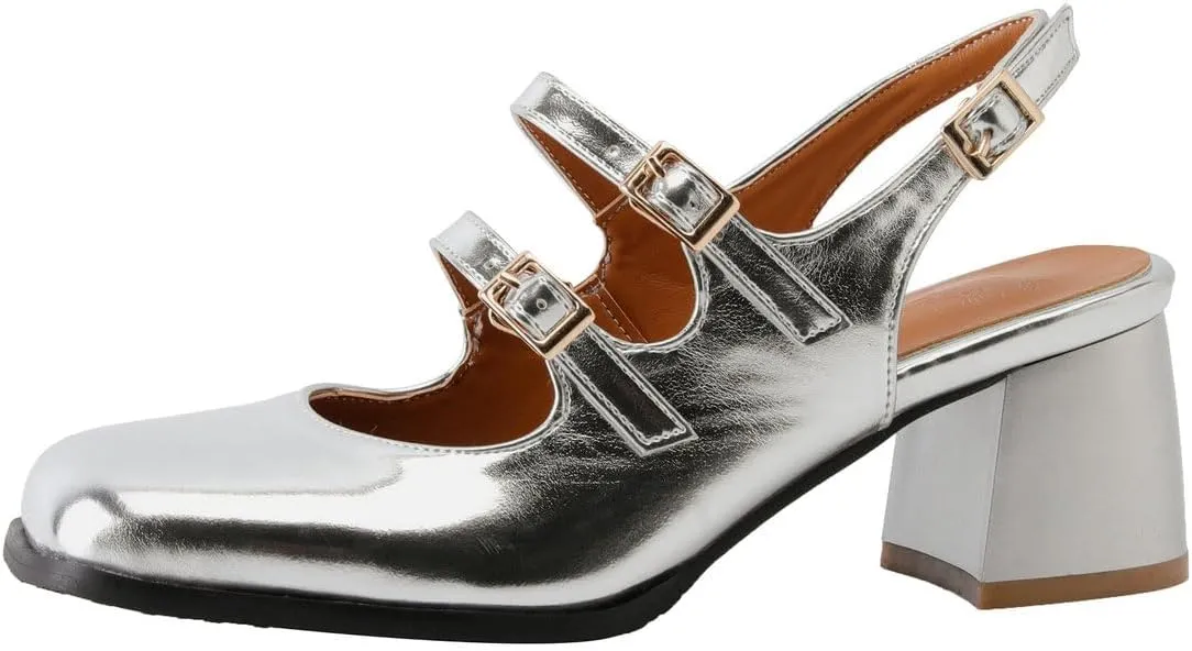 KOKOMOMO Chunky Patent Mary Jane Heels Goth Buckle Dress Shoes Square Toe Block Heel Pumps