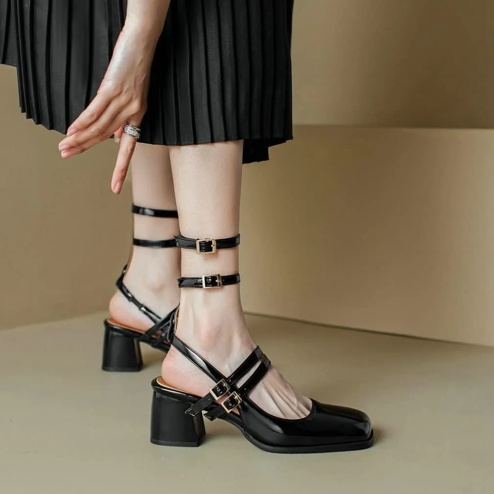 KOKOMOMO Chunky Patent Mary Jane Heels Goth Buckle Dress Shoes Square Toe Block Heel Pumps