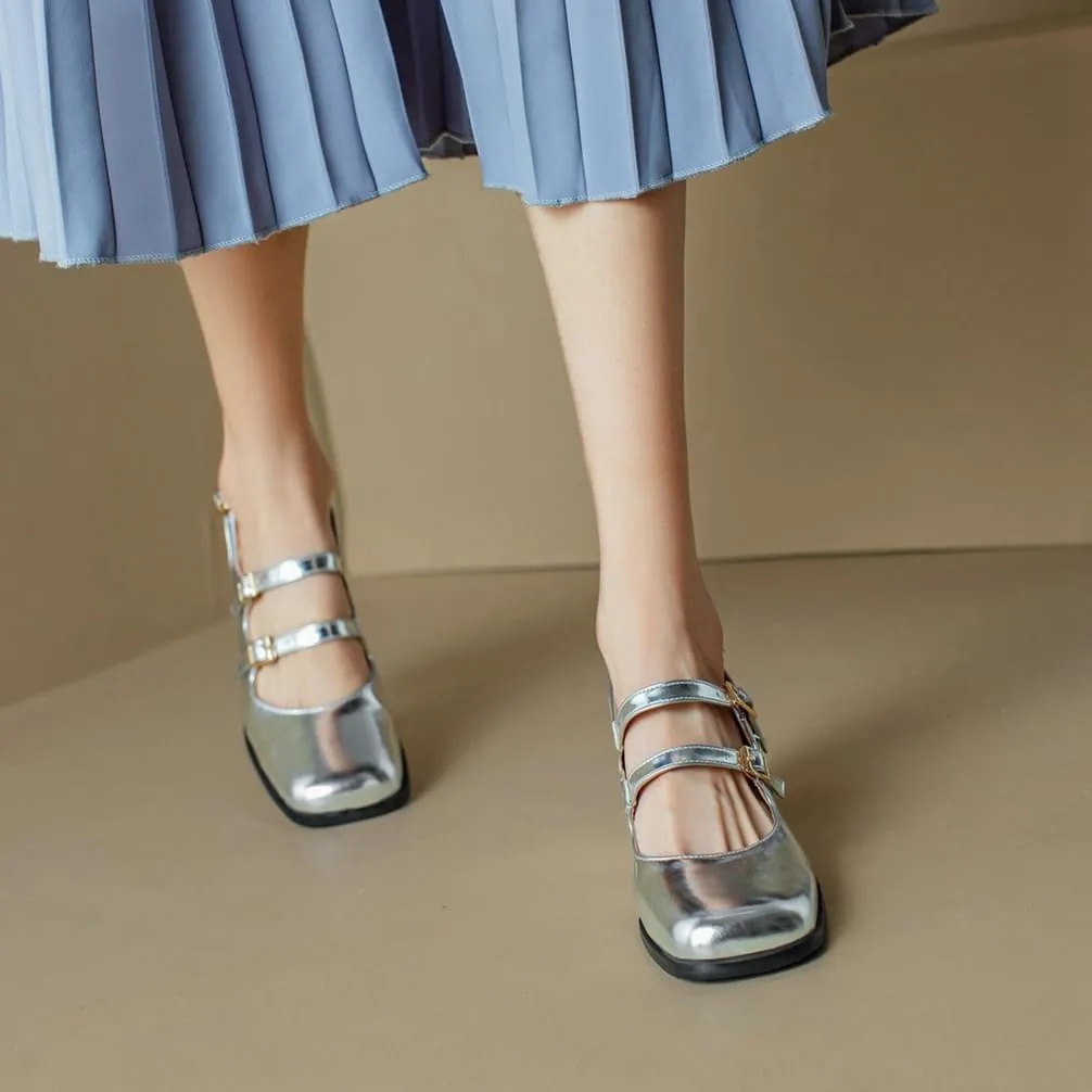 KOKOMOMO Chunky Patent Mary Jane Heels Goth Buckle Dress Shoes Square Toe Block Heel Pumps