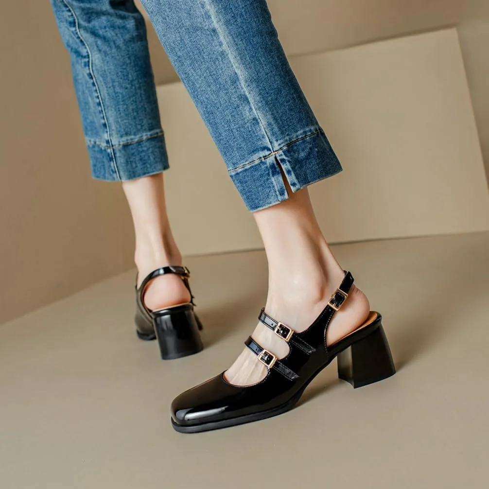 KOKOMOMO Chunky Patent Mary Jane Heels Goth Buckle Dress Shoes Square Toe Block Heel Pumps