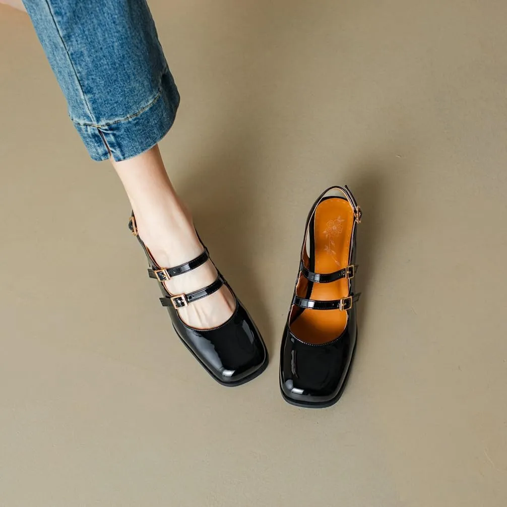 KOKOMOMO Chunky Patent Mary Jane Heels Goth Buckle Dress Shoes Square Toe Block Heel Pumps