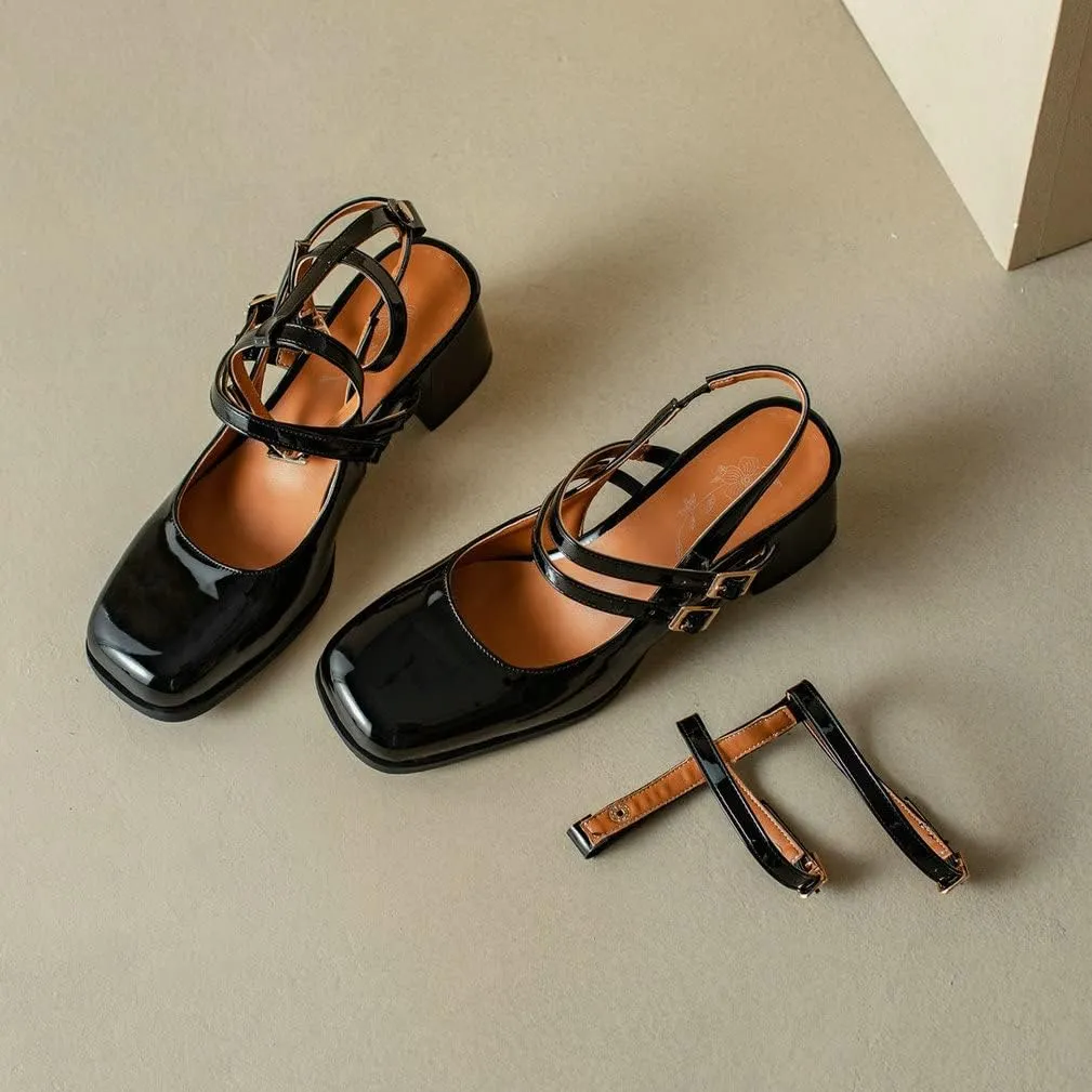 KOKOMOMO Chunky Patent Mary Jane Heels Goth Buckle Dress Shoes Square Toe Block Heel Pumps