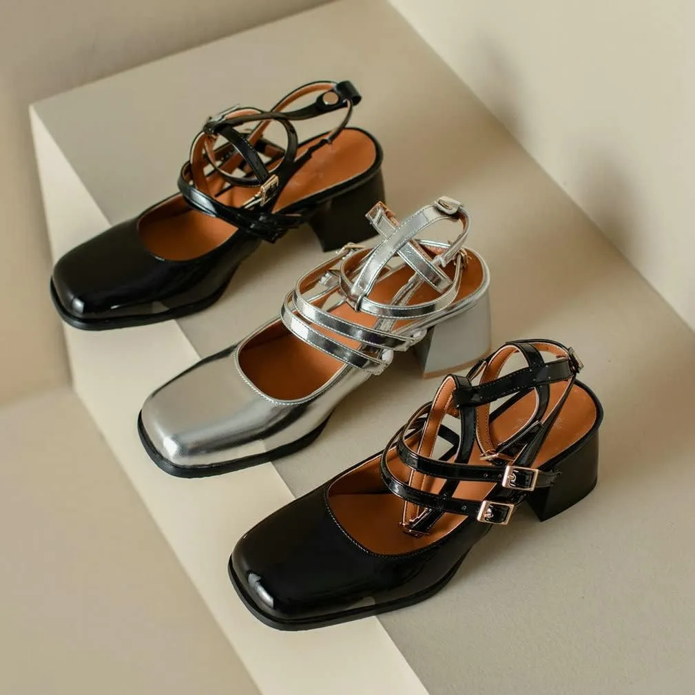 KOKOMOMO Chunky Patent Mary Jane Heels Goth Buckle Dress Shoes Square Toe Block Heel Pumps