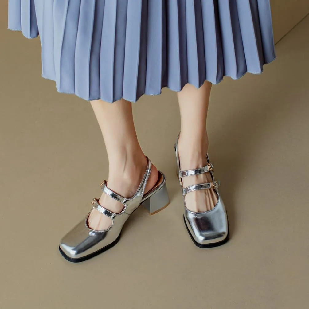KOKOMOMO Chunky Patent Mary Jane Heels Goth Buckle Dress Shoes Square Toe Block Heel Pumps