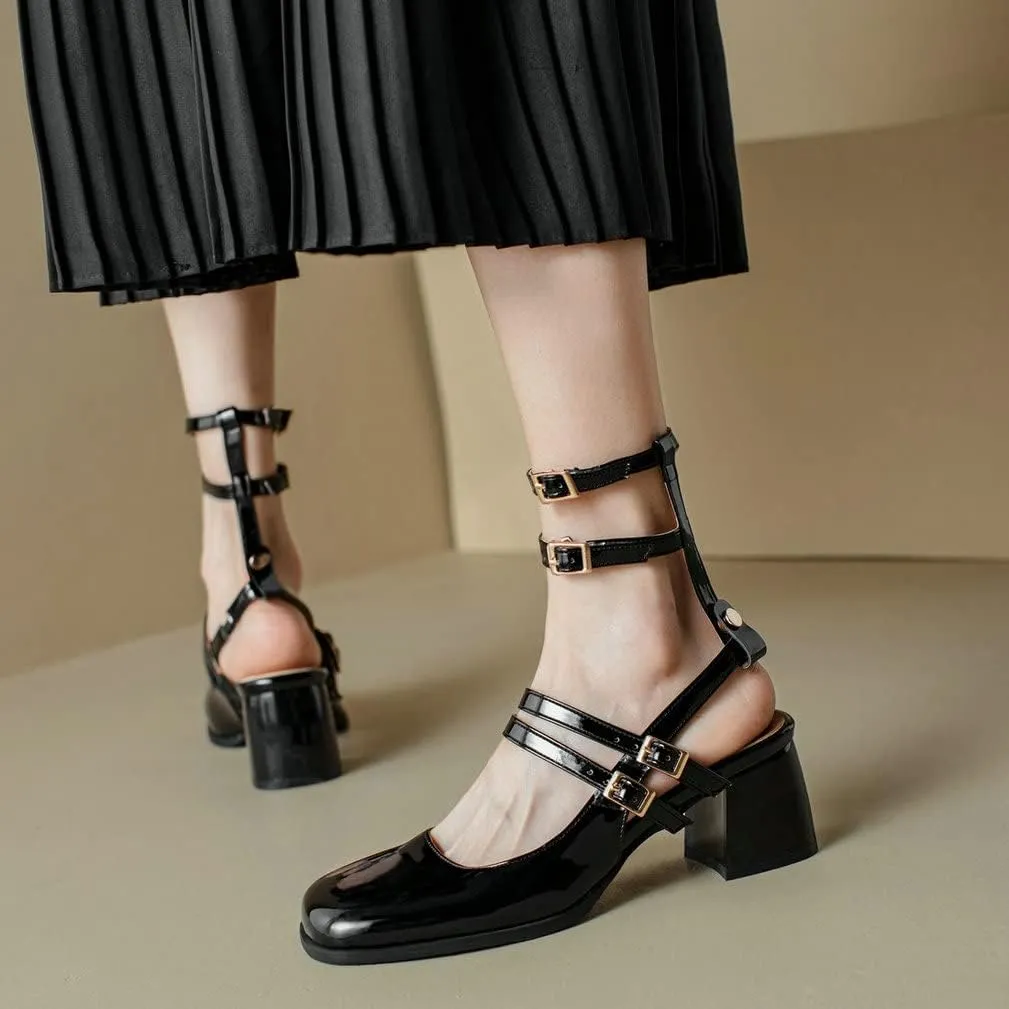 KOKOMOMO Chunky Patent Mary Jane Heels Goth Buckle Dress Shoes Square Toe Block Heel Pumps