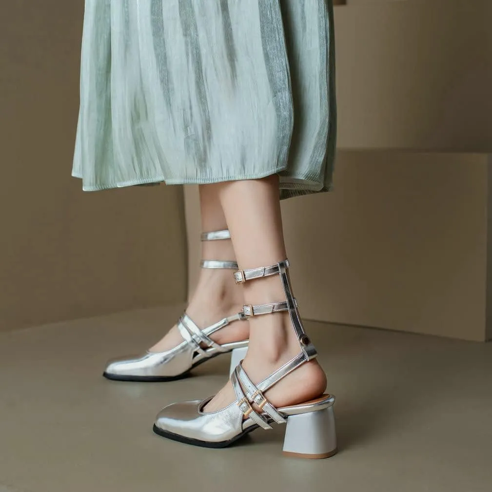 KOKOMOMO Chunky Patent Mary Jane Heels Goth Buckle Dress Shoes Square Toe Block Heel Pumps