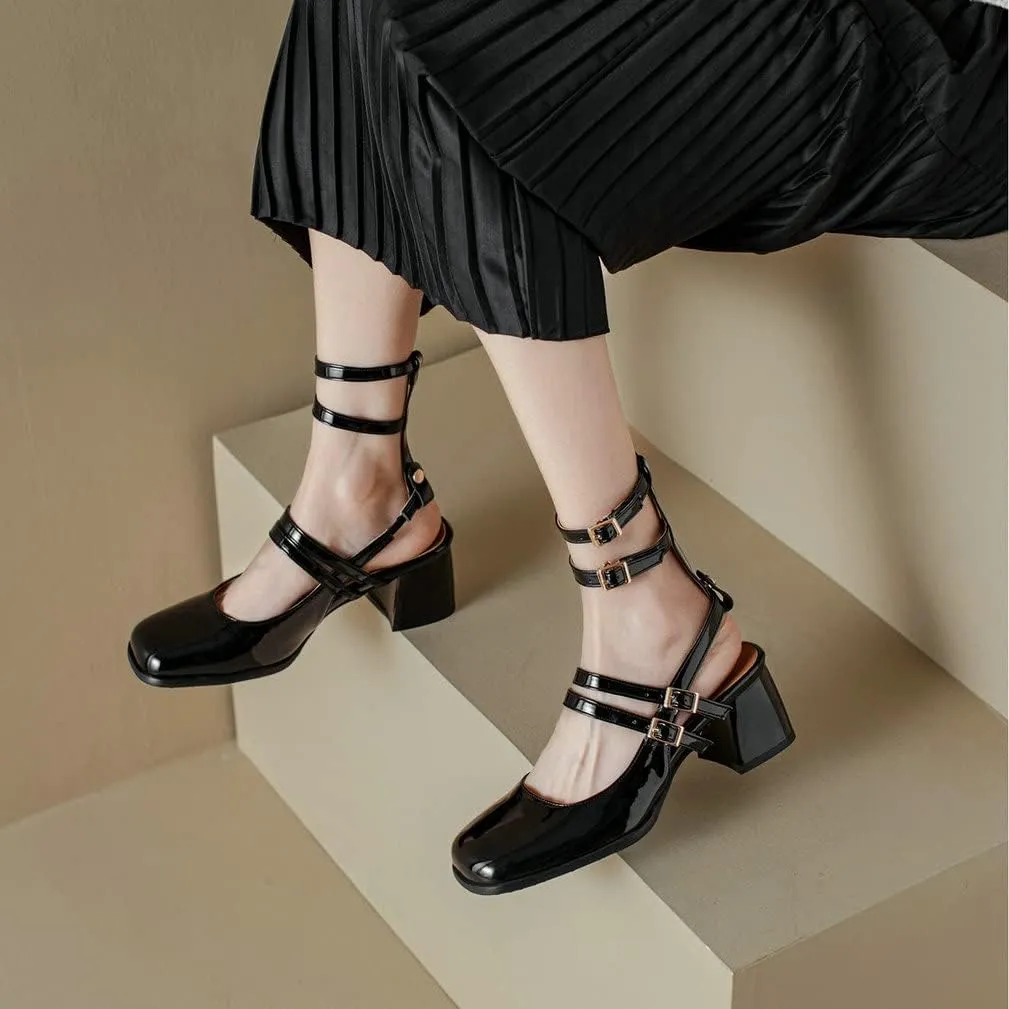 KOKOMOMO Chunky Patent Mary Jane Heels Goth Buckle Dress Shoes Square Toe Block Heel Pumps