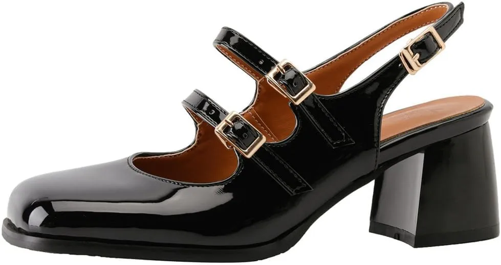 KOKOMOMO Chunky Patent Mary Jane Heels Goth Buckle Dress Shoes Square Toe Block Heel Pumps