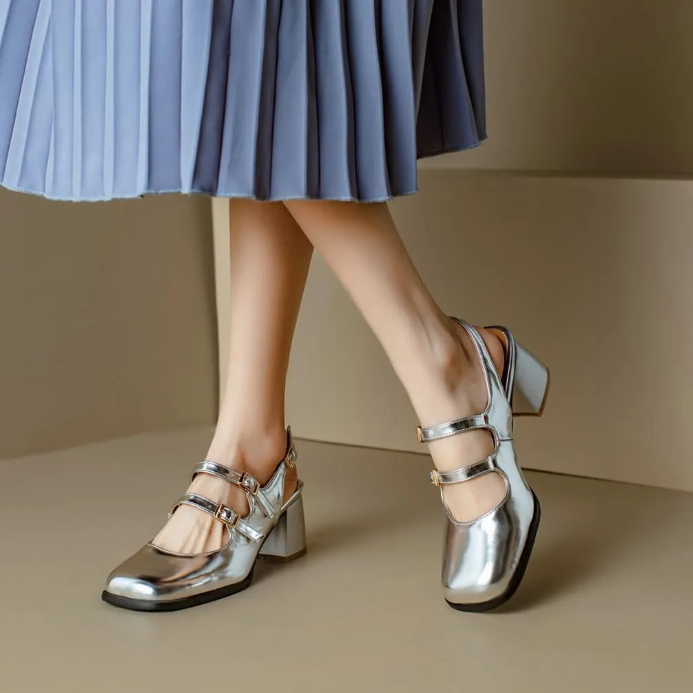 KOKOMOMO Chunky Patent Mary Jane Heels Goth Buckle Dress Shoes Square Toe Block Heel Pumps