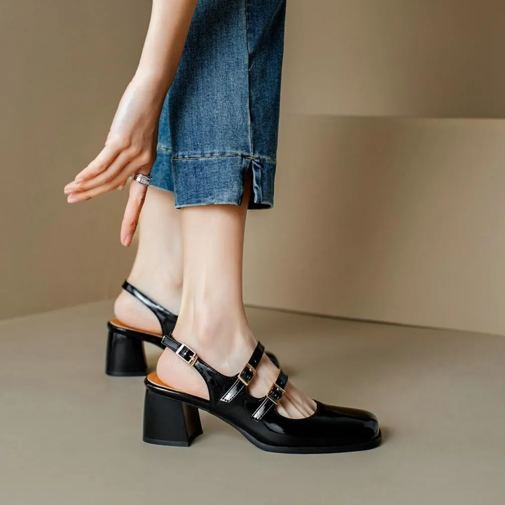 KOKOMOMO Chunky Patent Mary Jane Heels Goth Buckle Dress Shoes Square Toe Block Heel Pumps