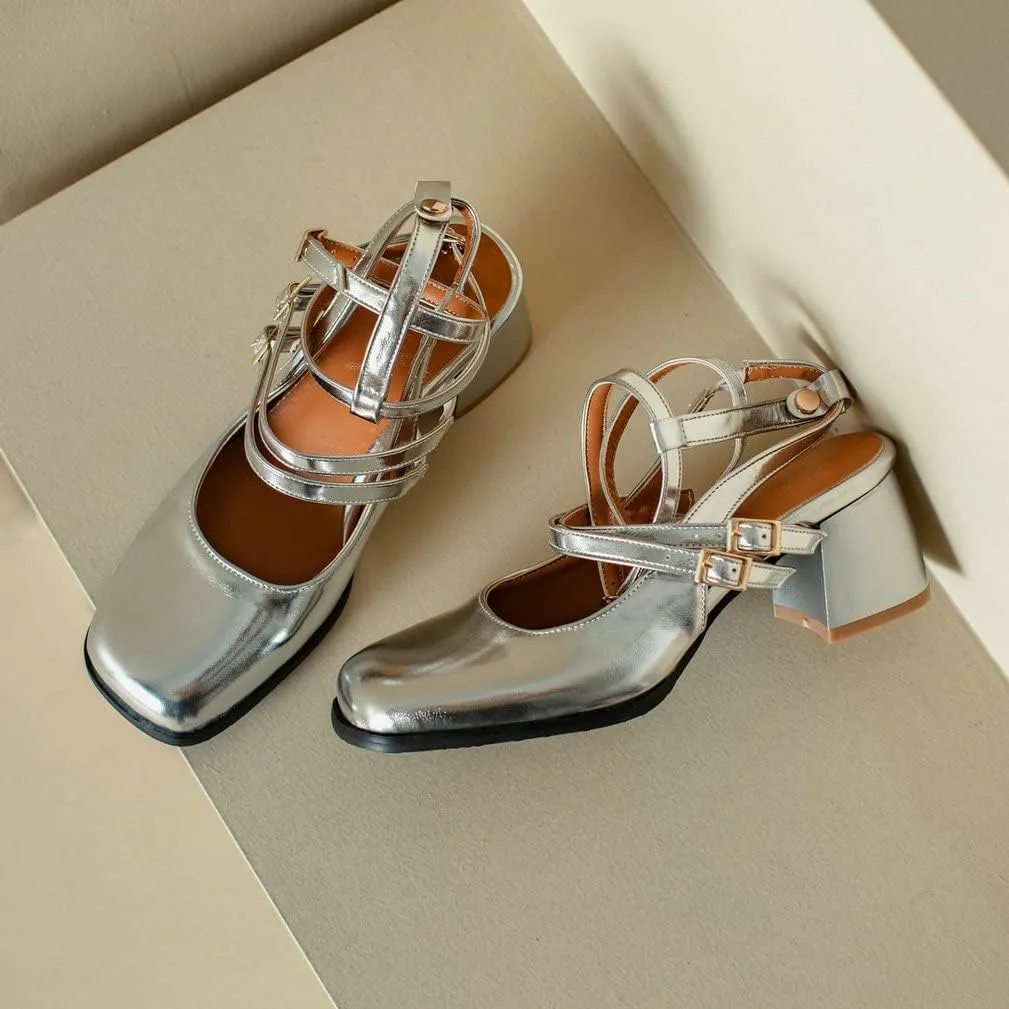 KOKOMOMO Chunky Patent Mary Jane Heels Goth Buckle Dress Shoes Square Toe Block Heel Pumps