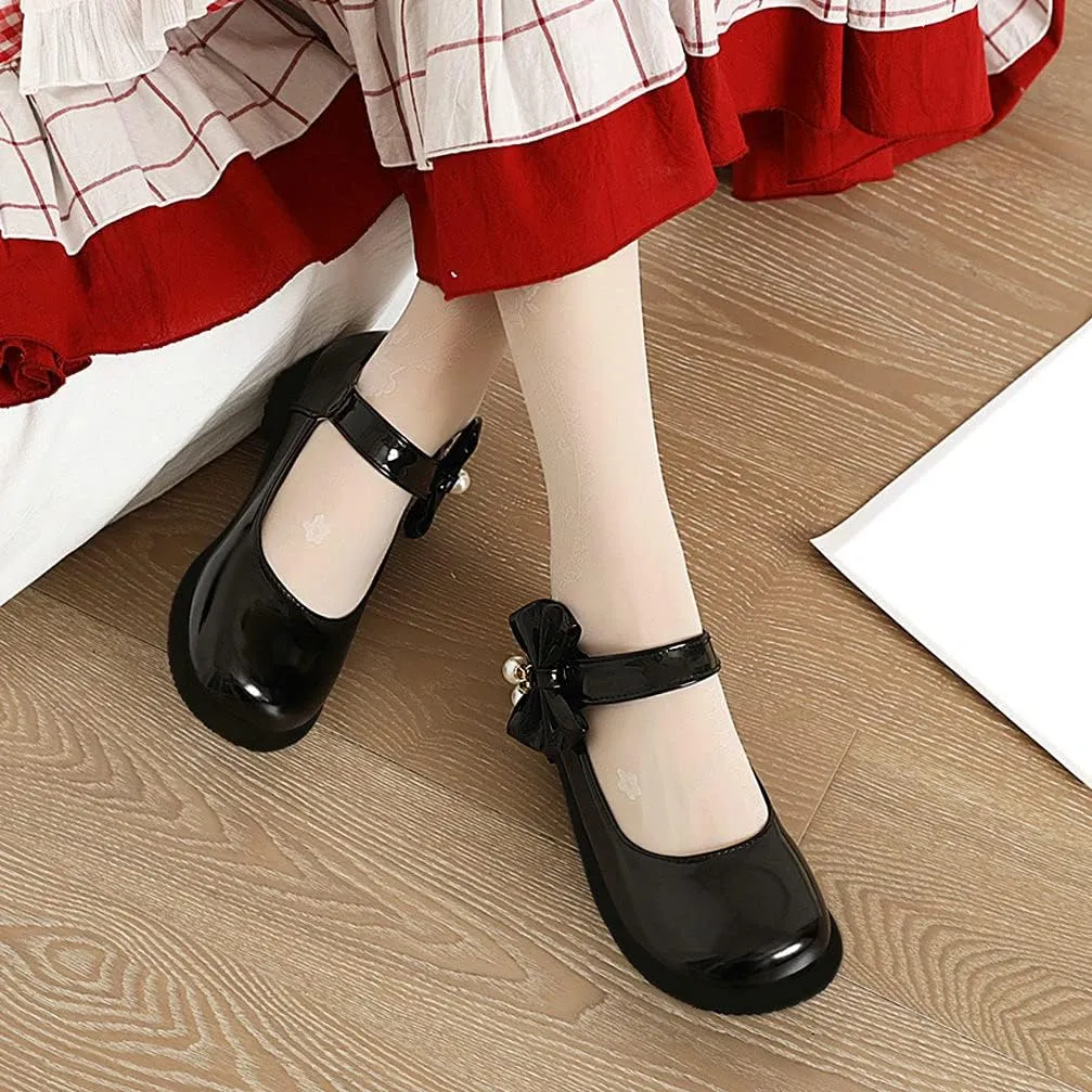 KOKOMOMO Womens Patent Leather Ballet Flats with Ankle Strap Bow Mary Janes
