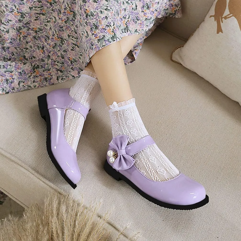 KOKOMOMO Womens Patent Leather Ballet Flats with Ankle Strap Bow Mary Janes