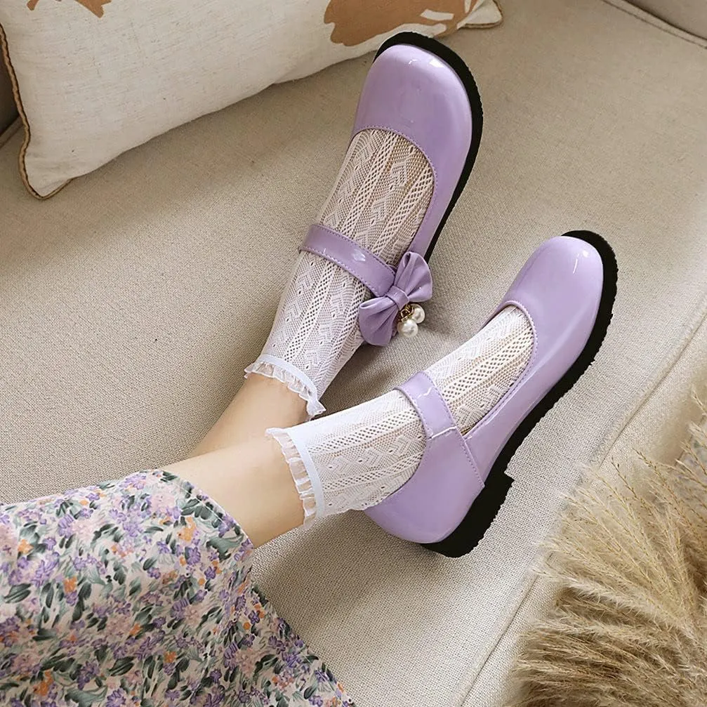 KOKOMOMO Womens Patent Leather Ballet Flats with Ankle Strap Bow Mary Janes