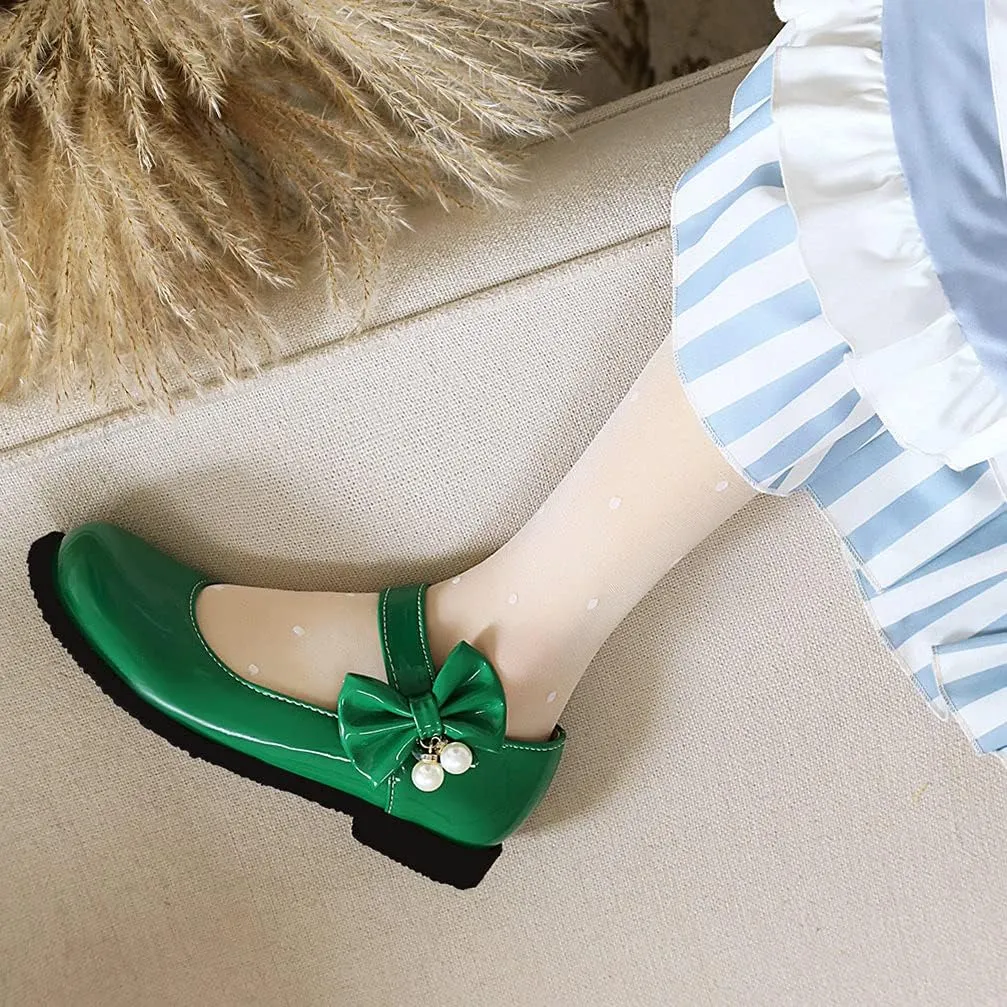 KOKOMOMO Womens Patent Leather Ballet Flats with Ankle Strap Bow Mary Janes