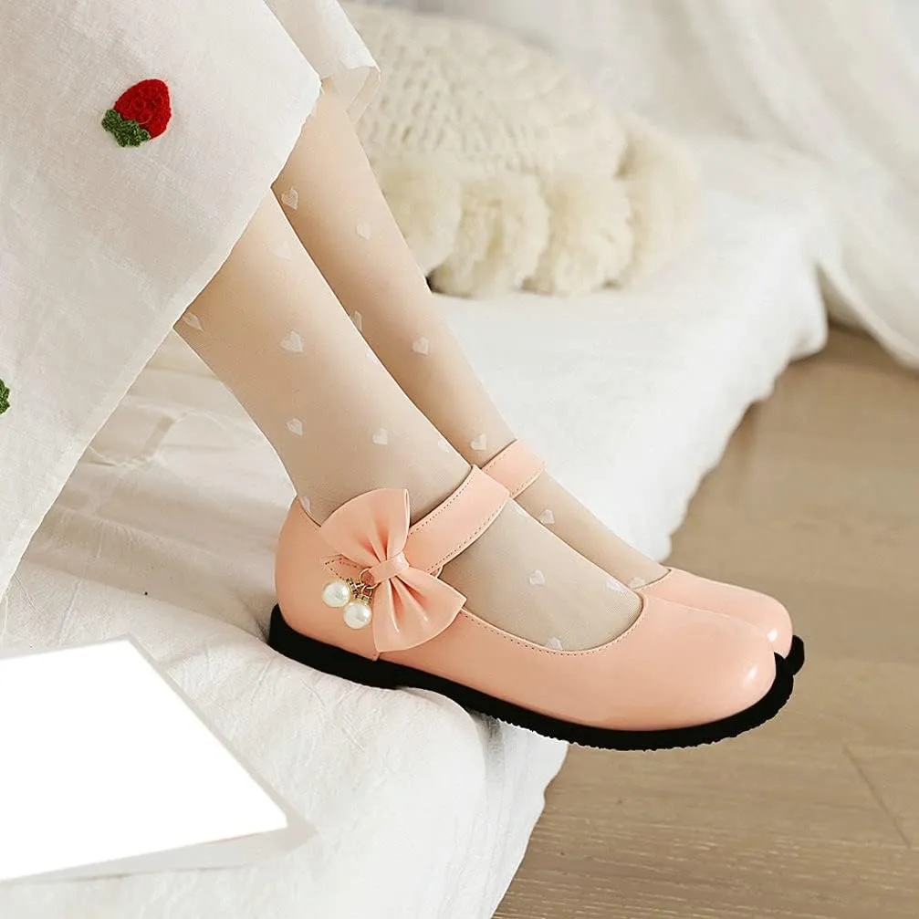 KOKOMOMO Womens Patent Leather Ballet Flats with Ankle Strap Bow Mary Janes