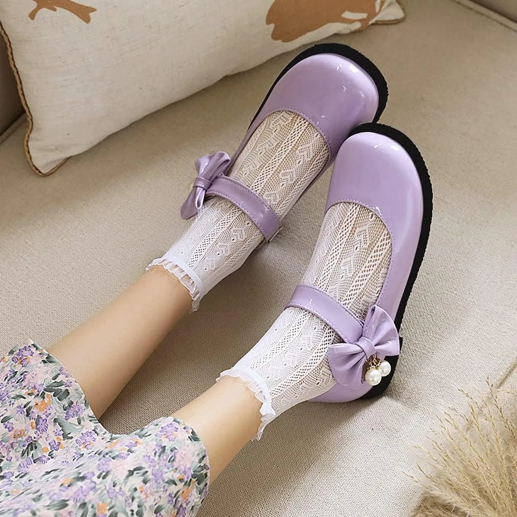 KOKOMOMO Womens Patent Leather Ballet Flats with Ankle Strap Bow Mary Janes