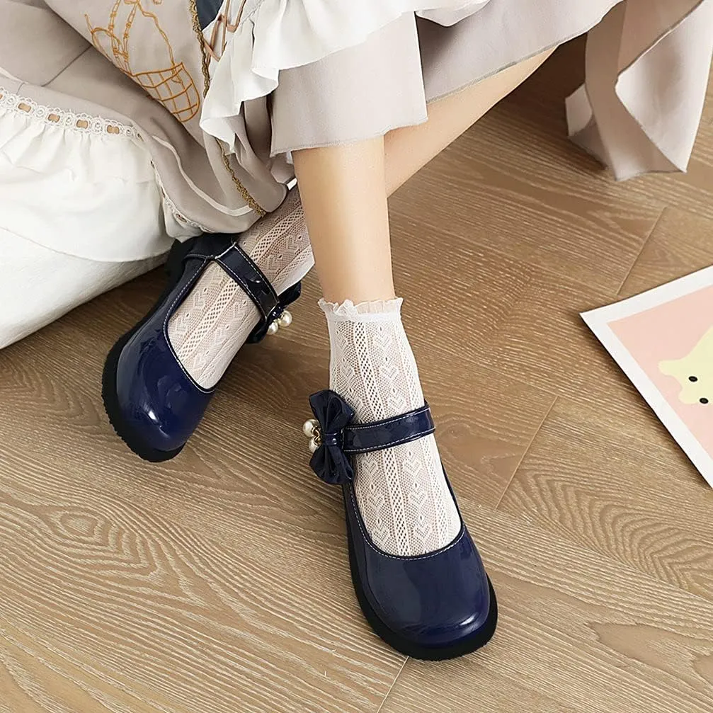 KOKOMOMO Womens Patent Leather Ballet Flats with Ankle Strap Bow Mary Janes
