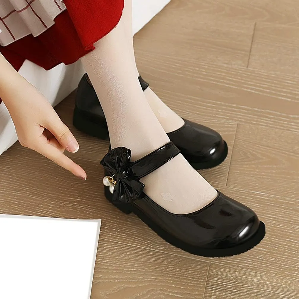 KOKOMOMO Womens Patent Leather Ballet Flats with Ankle Strap Bow Mary Janes