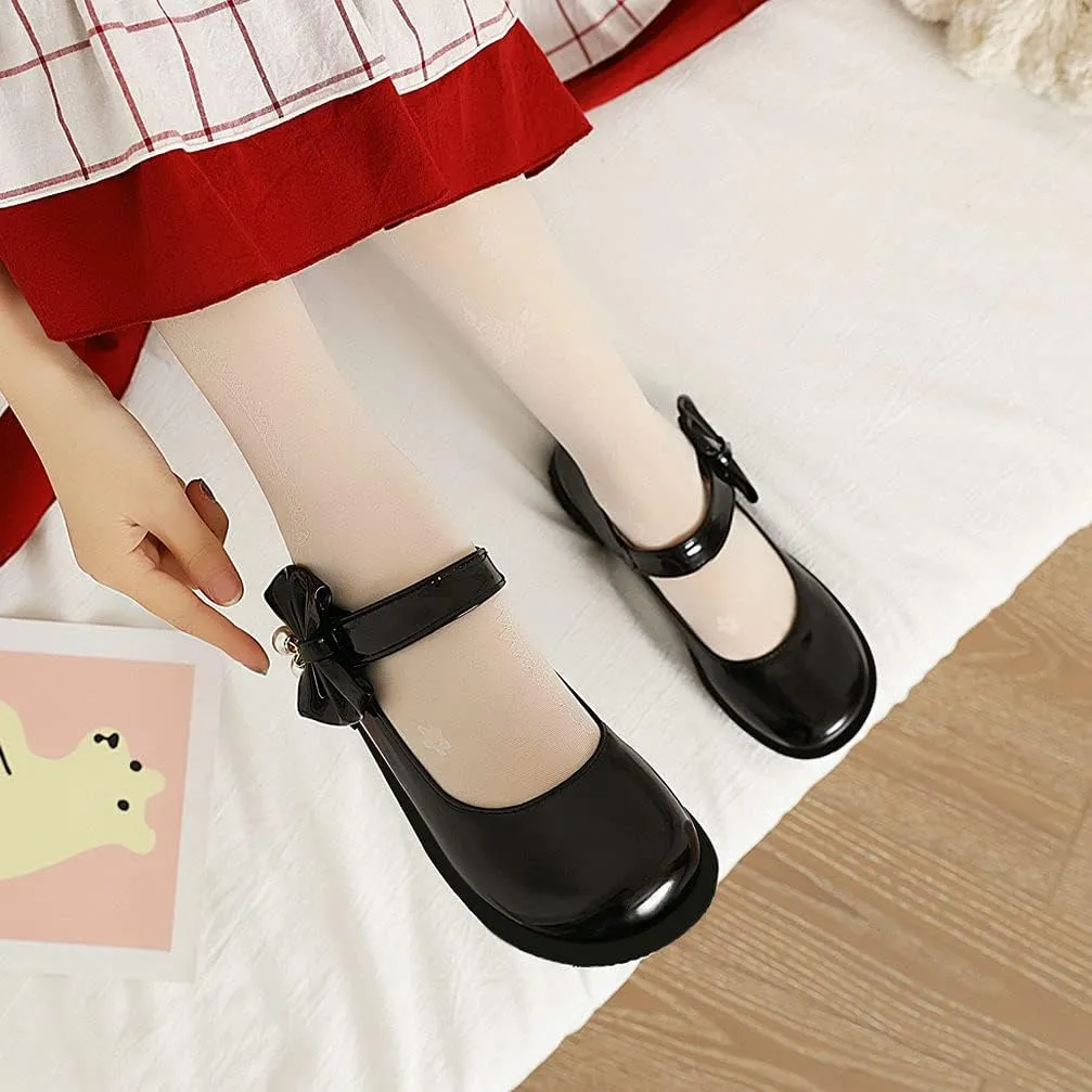 KOKOMOMO Womens Patent Leather Ballet Flats with Ankle Strap Bow Mary Janes