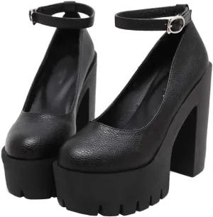 KOKOMOMO Womens Round Toe Platform Ankle Strap Pumps Chunky High Heels Goth Shoes (Black, Numeric 8.5)