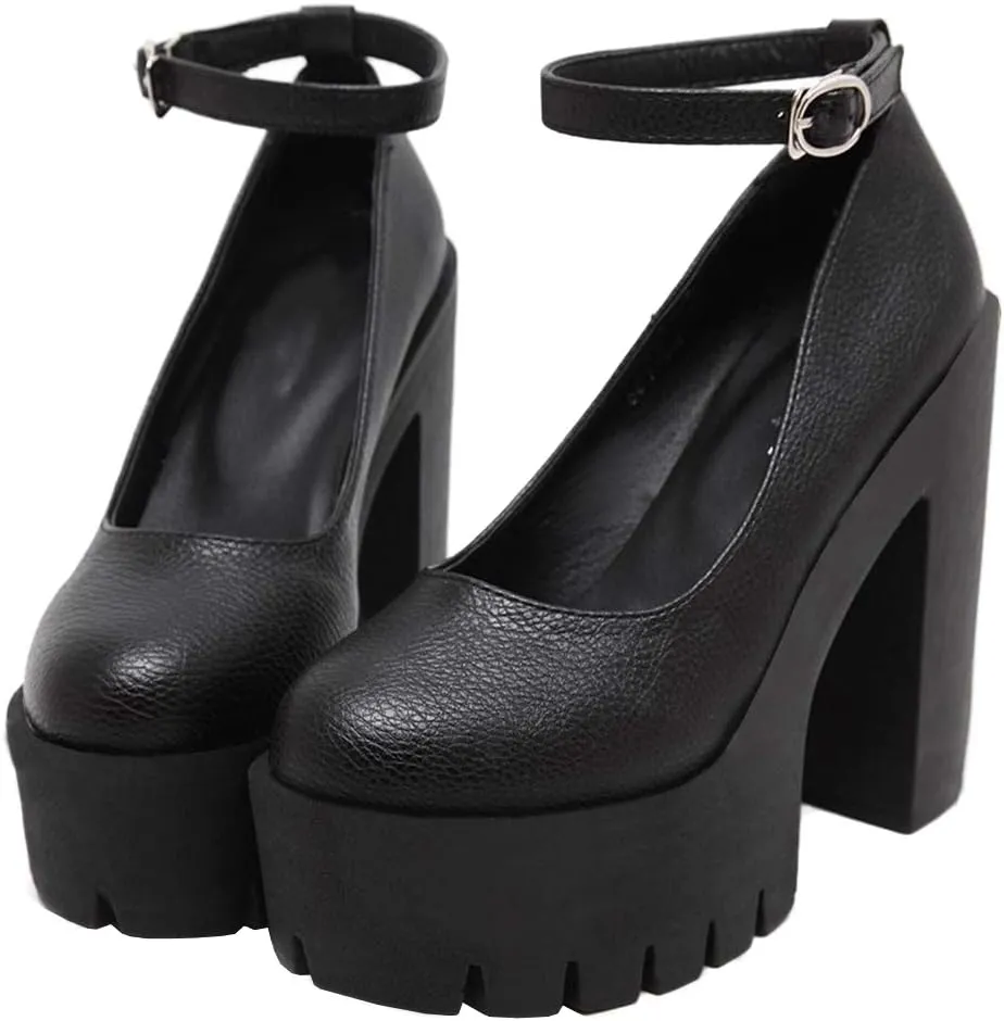 KOKOMOMO Womens Round Toe Platform Ankle Strap Pumps Chunky High Heels Goth Shoes (Black, Numeric 8.5)