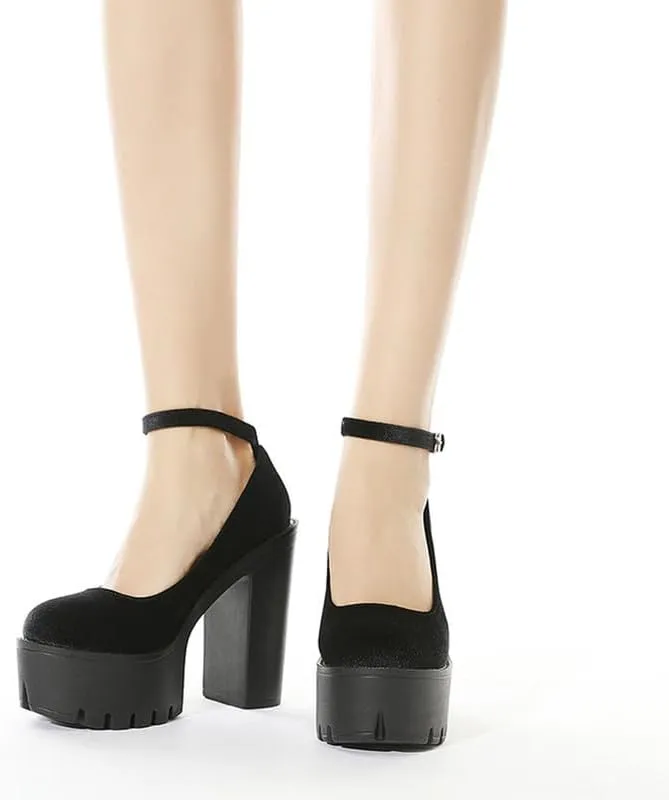 KOKOMOMO Womens Round Toe Platform Ankle Strap Pumps Chunky High Heels Goth Shoes