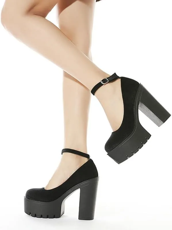 KOKOMOMO Womens Round Toe Platform Ankle Strap Pumps Chunky High Heels Goth Shoes
