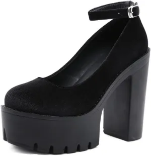 KOKOMOMO Womens Round Toe Platform Ankle Strap Pumps Chunky High Heels Goth Shoes