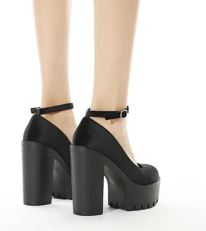 KOKOMOMO Womens Round Toe Platform Ankle Strap Pumps Chunky High Heels Goth Shoes
