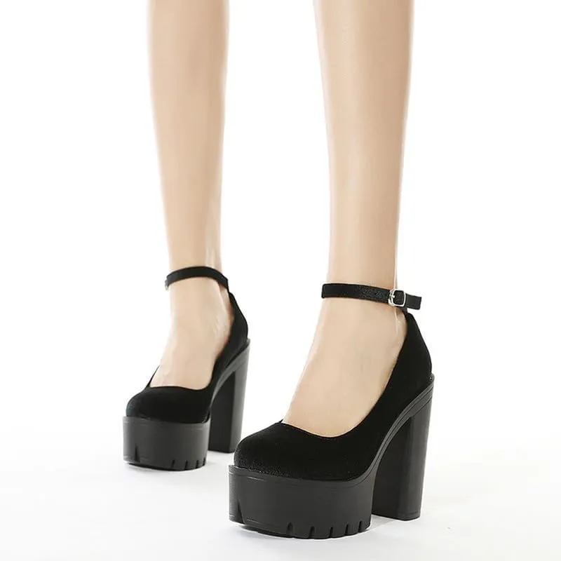 KOKOMOMO Womens Round Toe Platform Ankle Strap Pumps Chunky High Heels Goth Shoes