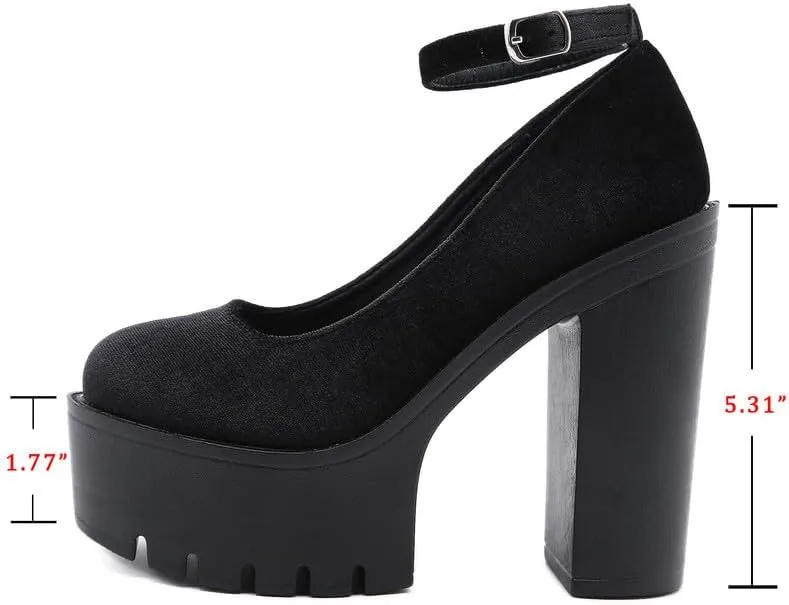 KOKOMOMO Womens Round Toe Platform Ankle Strap Pumps Chunky High Heels Goth Shoes