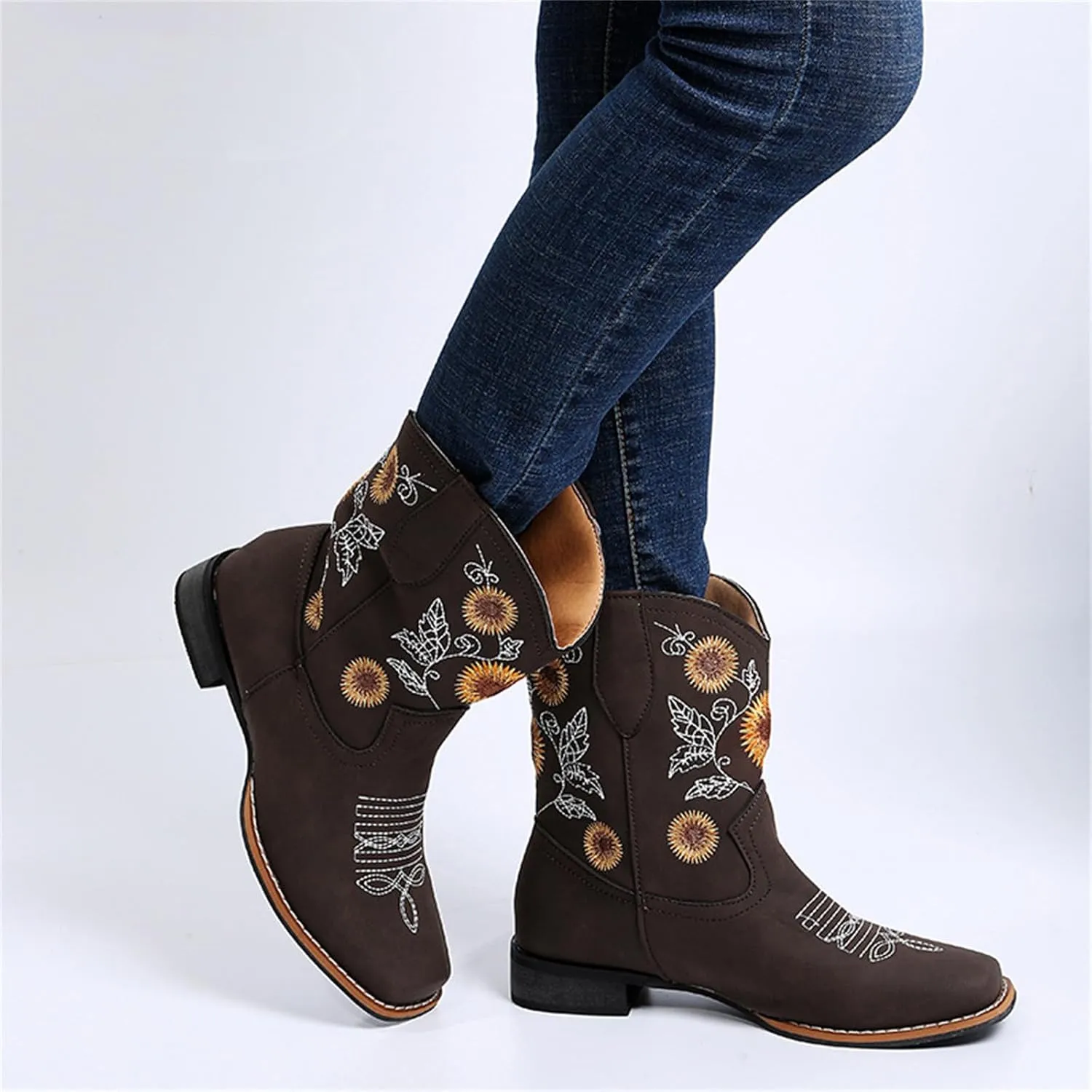 Ladmiple Boots For Women Fashion Mid Calf Cowboy Cowgirl Booties Wide Calf Chunky Block Heel Embroidered Western Boots