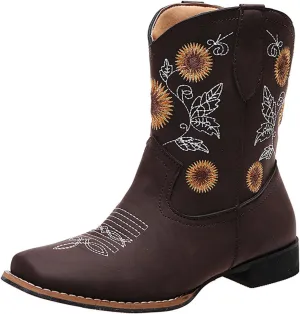 Ladmiple Boots For Women Fashion Mid Calf Cowboy Cowgirl Booties Wide Calf Chunky Block Heel Embroidered Western Boots